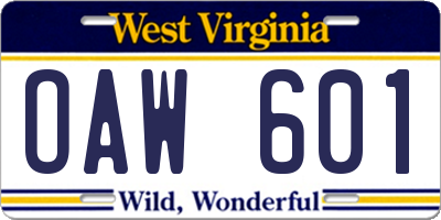 WV license plate OAW601