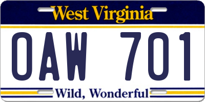 WV license plate OAW701