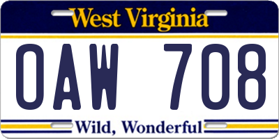 WV license plate OAW708