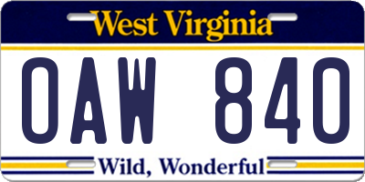 WV license plate OAW840