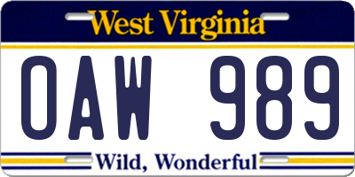 WV license plate OAW989