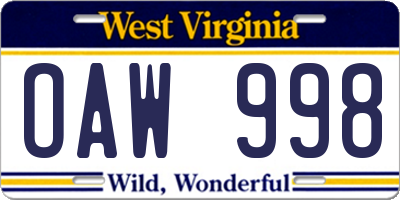 WV license plate OAW998