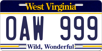 WV license plate OAW999