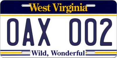 WV license plate OAX002