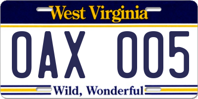 WV license plate OAX005