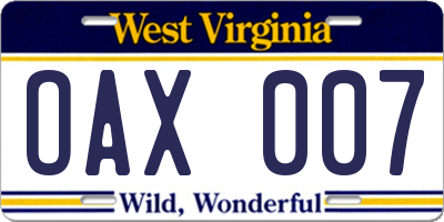 WV license plate OAX007