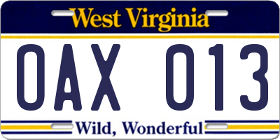WV license plate OAX013