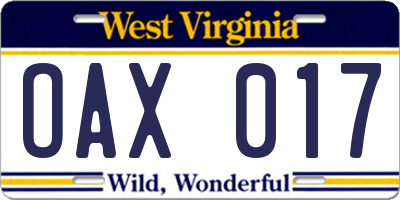 WV license plate OAX017