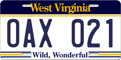 WV license plate OAX021