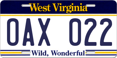 WV license plate OAX022