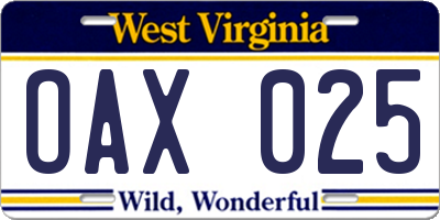 WV license plate OAX025