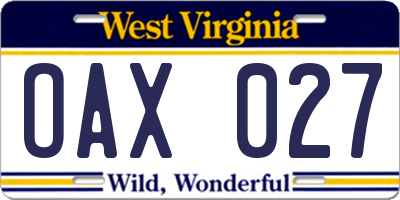 WV license plate OAX027