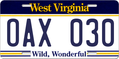 WV license plate OAX030