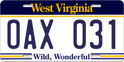 WV license plate OAX031