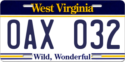 WV license plate OAX032