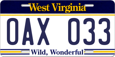 WV license plate OAX033