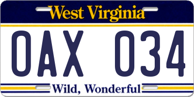 WV license plate OAX034