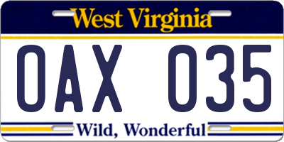 WV license plate OAX035