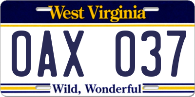 WV license plate OAX037