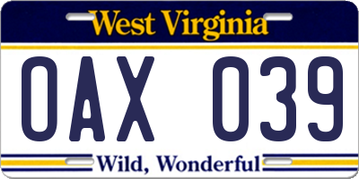 WV license plate OAX039