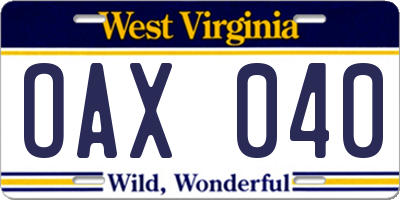 WV license plate OAX040