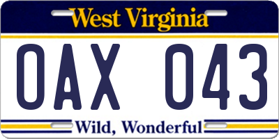 WV license plate OAX043