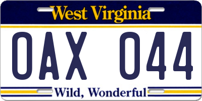WV license plate OAX044