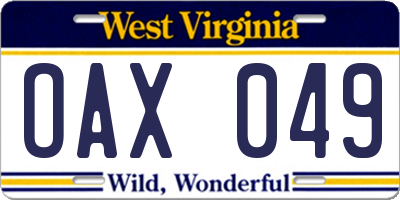 WV license plate OAX049