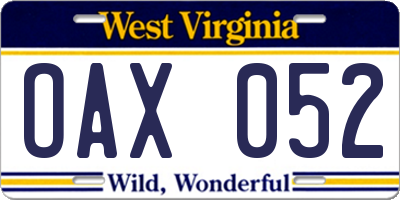 WV license plate OAX052