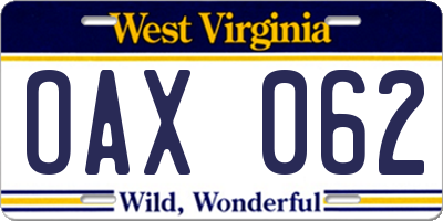 WV license plate OAX062