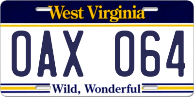 WV license plate OAX064