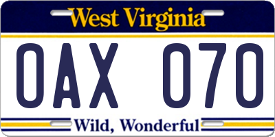 WV license plate OAX070