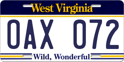 WV license plate OAX072