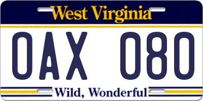 WV license plate OAX080