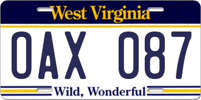 WV license plate OAX087