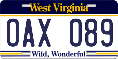WV license plate OAX089
