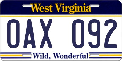 WV license plate OAX092