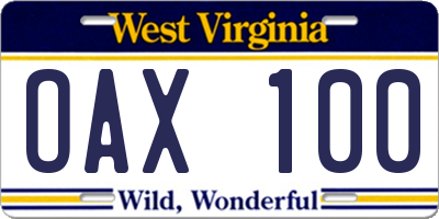 WV license plate OAX100