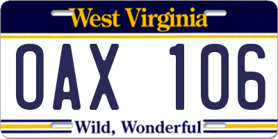 WV license plate OAX106