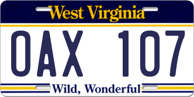 WV license plate OAX107