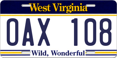 WV license plate OAX108