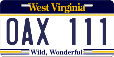 WV license plate OAX111