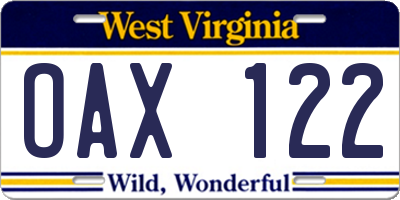 WV license plate OAX122