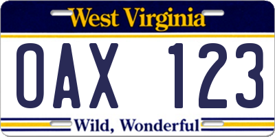 WV license plate OAX123