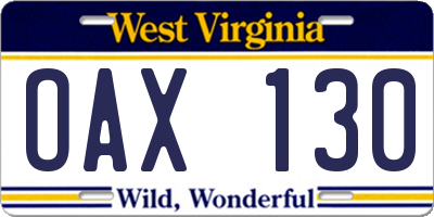WV license plate OAX130