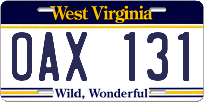 WV license plate OAX131