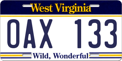 WV license plate OAX133