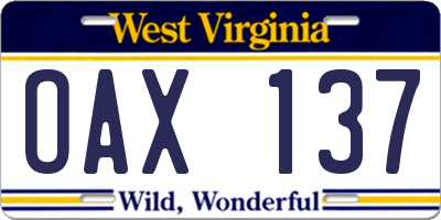 WV license plate OAX137