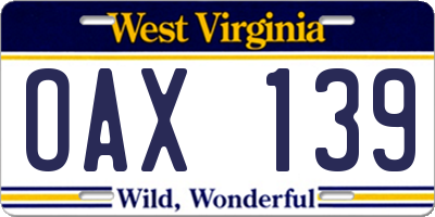 WV license plate OAX139