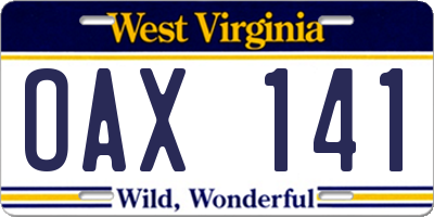 WV license plate OAX141